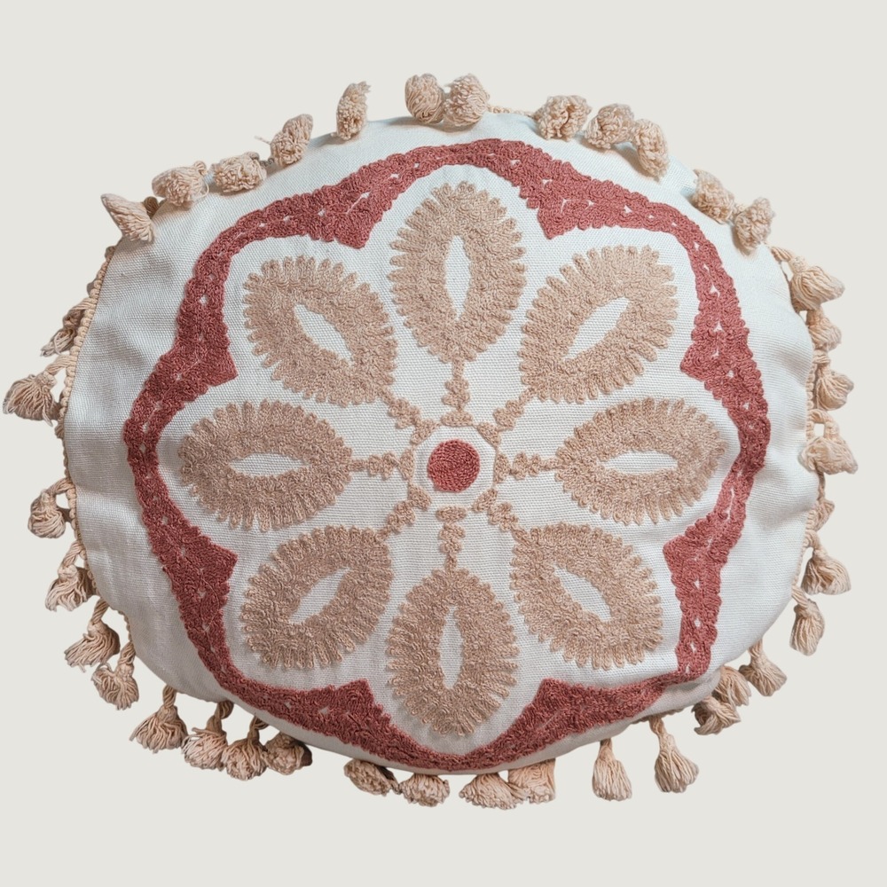 Crane Baby Round Embroidered Mandala Tassel Throw Pillow Boho Terracotta Tan